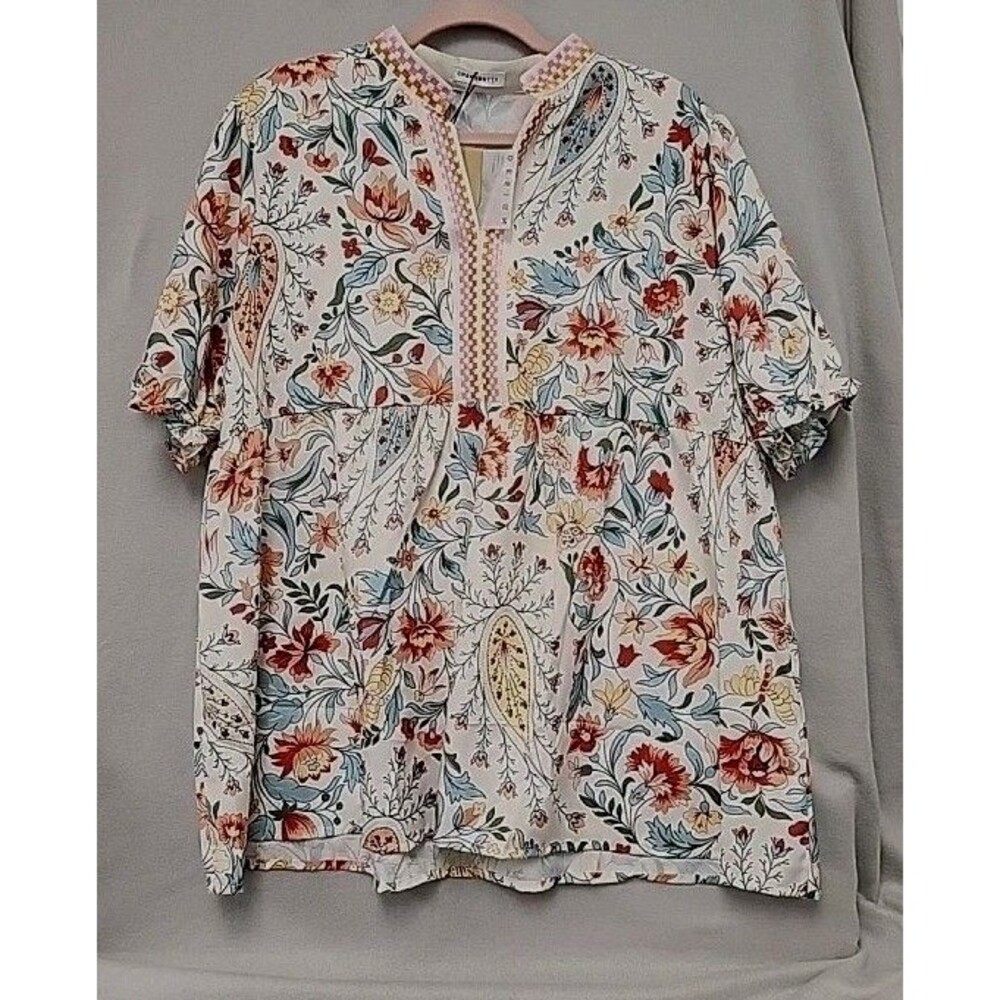 Cottagecore Floral Blouse Ruffle Sleeves with Red and Orange Accents